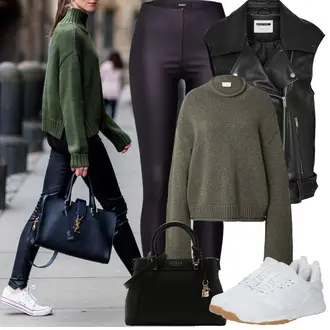 Outfit s Tmavě zelená/Khaki Svetry 2 v 1/Basic Svetr/Svetr Carmen/Kašmírový Svetr/Pletený Svetr/Mohair Pullover/Jednoduchý Svetr/Rolák/Zimní Svetr/Vlněný Svetr/Svetr s límečkem about you x marie von behrens "Jarní Outfit"