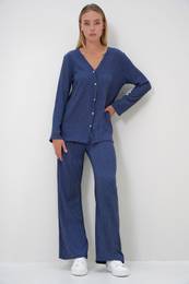 Trend Alaat Stili Women's Indigo V Neck Stone Buttoned Cardigan and Trousers Bottom Top Set
