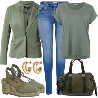 Outfit mit DunkelGrün/Grün/HellGrün Mantel/Blazerjacke/Boyfriend Blazer/Lässiger Blazer/Lederjacke/Baumwoll ­Blazer/Eleganter Blazer/Strick­blazer/Kurzblazer/Sweatblazer/Lederjacke für Männer/Lederjacke VERO MODA "Stylische Kombination für die Freizeit"