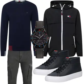 Trendige Outfit mit Schwarz/Rot Winter Sneaker/Leder Sneaker/Sneaker Mit Seitlichem Reißverschluss/Schmaler Sneaker Tommy Hilfiger "Freizeit Outfit"Look: Uni, Sportlich, Skater, Unisex, Moderne, Coole, Bad Taste, Schön, Trendige, Streetwear, Casual, Lack