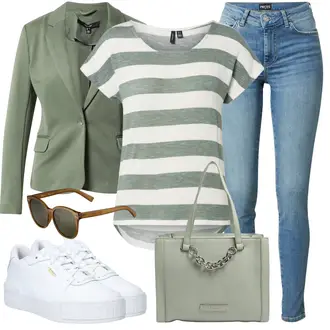Outfit mit DunkelGrün/Grün/HellGrün Mantel/Blazerjacke/Boyfriend Blazer/Lässiger Blazer/Lederjacke/Baumwoll ­Blazer/Eleganter Blazer/Strick­blazer/Kurzblazer/Sweatblazer/Lederjacke für Männer/Lederjacke VERO MODA "Leichtes Outfit"