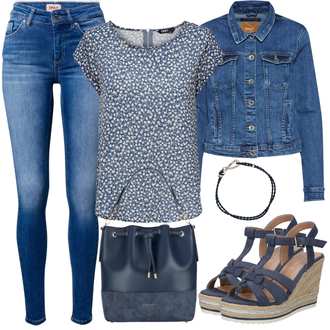 Outfit mit Blau/HellBlau Bluse Oberteil/Crash­bluse/Lederjacke/Gemusterte Bluse/Druckbluse/Kurzarmbluse/Kurzarm-Tunika/Schlupfbluse/Tuniken-Shirt/Shirt & Top Große Größe/Bluse Große Größe/Tunika Only "Alltagsoutfit"