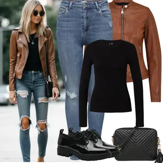 Outfit mit Braun Bikerjacke/KunstLederjacke/Jacke mit Seitlichem Reißverschluss/Leder Bomberjacke/Lederjacke/Motorradjacke/Vintage Lederjacke Freaky Nation "Frühling outfit"