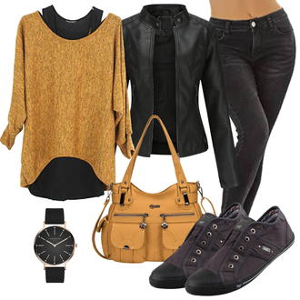 Übergang Outfit mit Schwarz/Dunkelgrün/Dunkelgrau/Grau Motorradjacke/Jacke mit Seitlichem Reißverschluss/Bikerjacke/KunstLederjacke YYNUDA "Schönes Frühlingsoutfit"