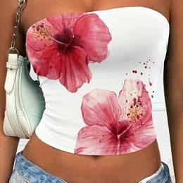 1pc Y2k Style Floral Print Knit Bustier Top For Women, 230g Polyester, Sleeveless Top With Sheer Design, Fashion