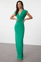 Emerald Green Shiny Stone Buckle Detailed Knitted Long Evening Dress