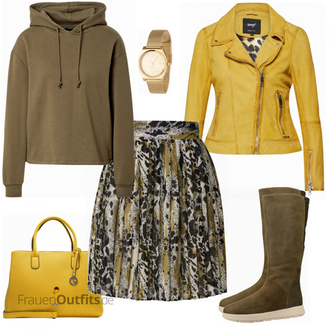 Outfit mit Gelb Mantel/Bikerjacke/Lederjacke/Motorradjacke/KunstLederjacke/Vintage Lederjacke/Jacke mit Seitlichem Reißverschluss Maze "Cooler Alltagslook"