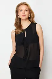 Black Flounced Transparent Zero Sleeve Woven Blouse