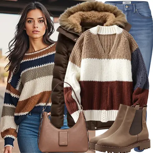 Braun/Schwarz Gestreifter Pullover/CarmenPullover boysen's kombinieren