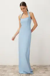 Blue Fitted Neckline Woven Long Evening Dress