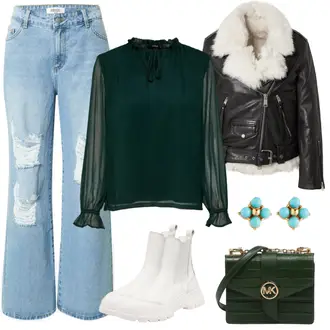 Old Money Outfit mit Hellblau Wide Leg Jean/Baggy Jeans/Schlaghose Jeans/Jeans-Culotte/Jeans mit Schlitz/Jeans mit Loch/Loose fit Jeans/Lederjacken/Herren Lederjacke/Vintage Jeans shyx "Trendiger Freizeitlook"Look: Uni, 90er, Old Money, 70er