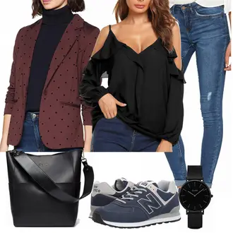 Eine Schulter Outfit mit Schwarz/Rosa/Braun SchlupfBluse/Bluse/Verspielte Bluse/LangarmBluse/VolantBluse/Offene Bluse/Crash­Bluse/Einfarbige Bluse/Bluse Oberteil Parabler "New Balance"
