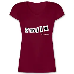 Sprüche Statement mit Spruch - Smile it’s for Free - XXL - Bordeauxrot - Emoticon - XO1525 - Damen T-Shirt mit V-Ausschnitt