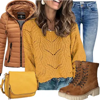Spanische Outfit mit Gelb/Orange Rundhals Pullover Dokotoo "Perfekt für den Winter"Look: Stil, Boyfriend, Zuhause, Elegant, Casual, Büro, Spanische, Outdoor, Western, Nahtlos, Boho