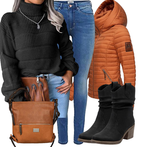 Schwarz/Beige Vintage Stiefelette/Gefütterte Stiefelette/SommerStiefelette/CowboyStiefel/Western Stiefelette Rieker kombinieren mit Schwarz/Dunkelgrau/Grau/Dunkelgrün Oversized Pullover
