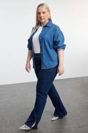 Curve Dark Blue Stitching Detailed Flare Leg Plus Size Jeans