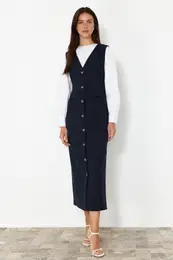 Navy Blue Woven Fabric Gilet Dress