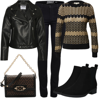 Outfit mit Schwarz Mantel/Bikerjacke/Kurzjacke/KunstLederjacke/Lederjacke/Motorradjacke/Vintage Lederjacke Noisy may "Perfekt für den Herbst"