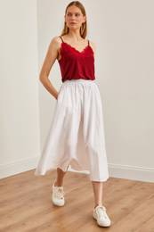 Women's White Pocketed Elastic Waist Midi Woven Bell Skirt