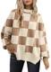LILLUSORY Damen Rundhals Fledermaus Langarm Pullover 2023 Herbst Oversized Rippstrick Seitenschlitz Pullover Top, Karierte Aprikose, Mittel