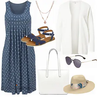 Outfit mit Blau/Grau/Dunkelblau Baumwollkleid/Kleid mit Tasche/Polka Dot-Kleid/Gesmoktes Kleid/Sommerkleid BEACH TIME "Super Sommerlook"