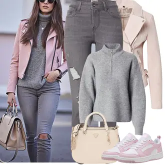 Jeans Outfits Skinny mit Hellgrau/Grau/Dunkelgrau Ankle Boot/Jeans mit Schlitz/Jeans mit Loch/Leather jackets Only "Frühling outfit"