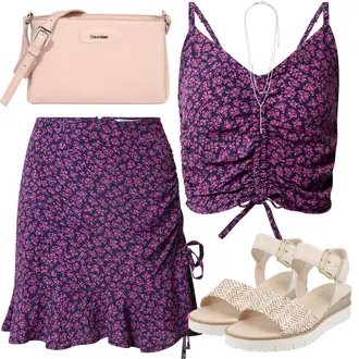 Festival Outfit Coachella mit Lila/Dunkelblau/Rosa Spaghetti Top/Bustier-top/Cropped Tank Top/Crop Top/Partytop/Kurzes Oberteil/Ärmelloses Shirt/Herrenschuhe Tommy Jeans "Buntes Sommer Outfit"Look: Strandtag, Jubiläum, Konzert, Hütten, 30 Geburtstag, 18 Geburtstag, Coachella, Geburtstag