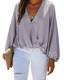 Style Dome Elegante Blusen Damen V Ausschnitt Satin Langarmshirt Laternenärmel Shirts Oberteile Grau XXL