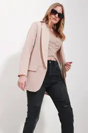 Trend Alaat Stili Women's Beige Shawl Collar Lined Jacket
