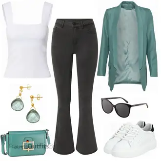 70er Outfit mit Dunkelgrün/Dunkelbraun/Khaki Hose Große Größe/Bootcut Pant/Flared Leggings/Ausgestellte Hose/Leder Schlaghose/Hose mit Schlitz/T-Shirt/Schlaghose Jeans/Jeans mit Schlitz Vila "Emerald Alltagsoutfit"Look: Uni, Lack, 70er, Boho, Classic, Coole, Schön, Nahtlos, Western, Outdoor
