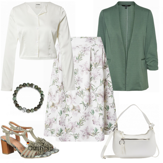 Button Down Satin Outfit mit Weiß/Rosa Bluse und Tunika/Strickjacke Tracht/Baumwoll Strickjacke/Kurze Strickjacke/Stehkragen-Strickjacke/Sommerstrickjacke/V-Strickjacke/Bluse Große Größe about you x laura giurcanu "Edler Busiinesslook"