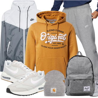 Outfit mit Grau Mantel/Reflektierende Jacke/Windbreaker Jacke/Kapuzenjacke/Kastenjacke/Sweatmode Nike Sportswear "Sportliches Outfit"
