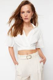 Ecru Double Breasted Crop Woven Blouse