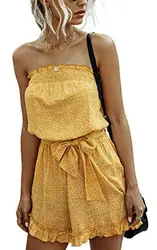 Spec4Y Damen Trägerloses Romper Blumendruck Jumpsuit Kurz Bandeau Overall Rückenfreies Rüschen Elastische Taille Strampler mit Gürtel 2002 Gelb Medium