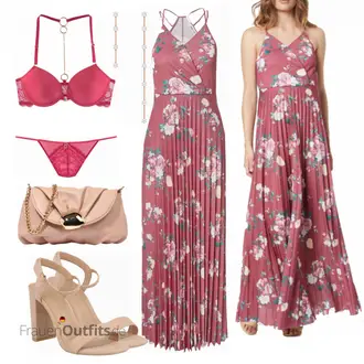 Outfit mit Lila/Rot/Rosa Kleid Große Größe/Geblümte Kleid/Neckholder Kleid/Langes Sommerkleid/Maxikleid/Plissee Kleid About You "Sommerliches Abend Outfit"