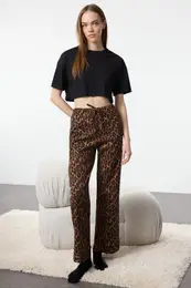 Multicolored 100% Cotton Leopard Patterned Knitted Pajama Bottoms