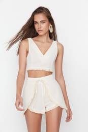 Beige Woven Linen Look Blouse Shorts Beach Set
