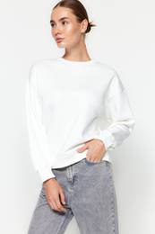 Ecru Thick Inside Fleece Regular/Normal Pattern Crew Neck Basic Knitted Sweatshirt