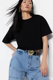Premium Black Relaxed Fit 100% Cotton Crop Knit T-Shirt