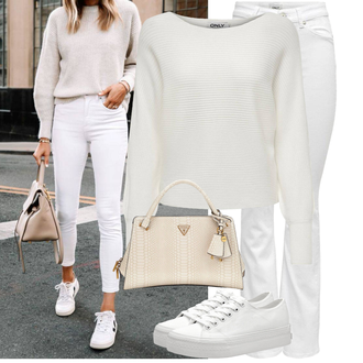 Outfit met wit/Zilver/grijs/Crème/Lichtgrijs Platte Sneaker/Canvas Sneaker/Lage Sneaker Tamaris "Modieuze lente-outfit"
