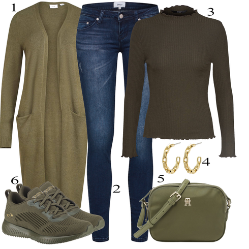 Comment poter Beige/Doré/Jaune Bijou Clip d'Oreille/Créole Pilgrim avec Vert foncé/Vert Tricot Grande Taille/Robe Grande Taille/Tunique/Cachemire-Cardigan/Gilet Doublé/Cardigans Longs Vila