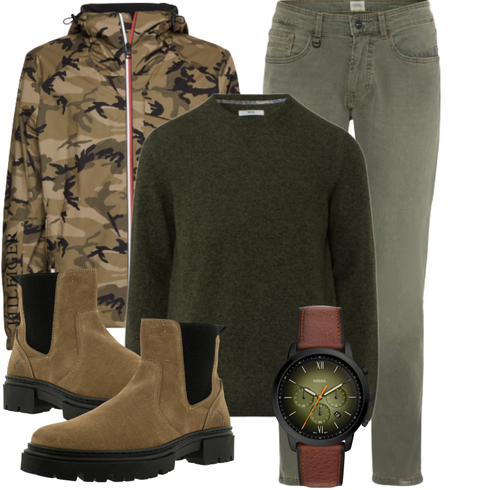 Dunkelgrün/Beige/Braun/Khaki Lederjacke/Chelsea Boot Bullboxer kombinieren
