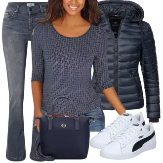 Winter Outfit mit Grau/Hellgrau/Blau/Hellblau/Dunkelblau T-Shirt/Low Waist Jean/Low Rise Jean/Schlaghose Jeans/Straight Leg Jean/Jeans mit Schlitz/Winterjacke LTB "Modischer Look für den Herbst"