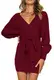 ZIYYOOHY Damen Elegant Strickkleid Pulloverkleid Tunika Kleid V-Ausschnitt Langarm Minikleid Mit Gürtel