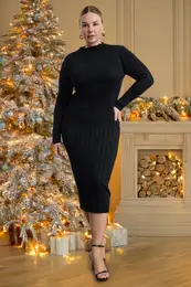 Curve Black Ribbed Stand Collar Premium/Special Yarn Knitwear Dress