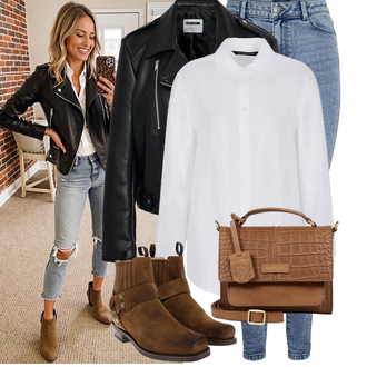 Motor Outfit met zwart/bruin/wit/Crème Biker Jas/KunstLeren Jas/Leren Jas/Jas met Zijrits/Vintage Leren Jas Noisy may "Modieuze lente-outfit"Look: Motor, Paardrijden