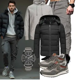 Outfit mit Schwarz/Dunkelgrau Hybridjacke/Isolationsjacke/Kapuzenjacke/Thermojacke/Kunstfaserjacke/Daunenjacke/Winterjacke/Puffer Jacke Redbridge "Freizeit Outfit"