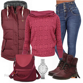 Outfit mit Dunkelrot/Lila/Rot/Bordeaux Klassischer Stiefel/Winter Stiefelette/Leder Stiefelette/Flache Stiefelette/Gefütterte Stiefelette/SchnürStiefelette Rieker "Freizeit Outfit"
