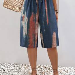 Women's Plus Size Casual Beach Shorts - Straight Leg, Tie-waist, Vibrant Abstract Print, Lightweight Polyester, Summer Vacations