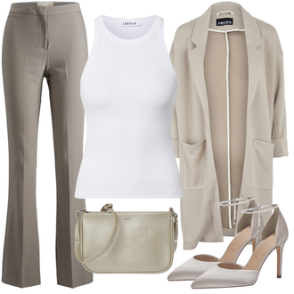 Outfit mit Beige/Braun/Khaki Wintermantel Wollmantel/Langer Mantel/Strickmantel/Oversize Mantel/Sommermantel/Midi Mantel/Wollmantel/Leichter Mantel/Kaschmir Mantel/Kaschmir-Strickjacke/Lange Strickjacken/Winter Strickjacke/Wolle Strickjacke/Strickjacke Gefüttert/Strickjacke Tracht/Stehkragen-Strickjacke Pieces "Stylischer Bürolook"